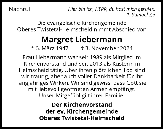 Traueranzeige von Margret Liebermann von WLZ