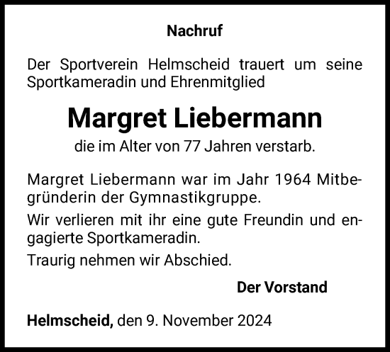 Traueranzeige von Margret Liebermann von WLZ