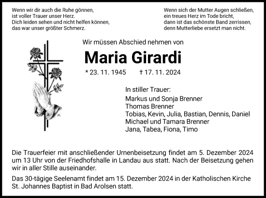 Traueranzeige von Maria Girardi von WLZ