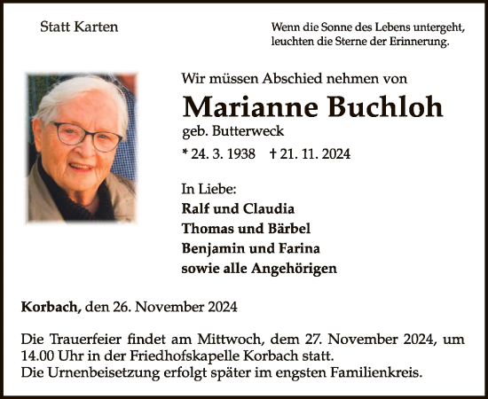 Traueranzeige von Marianne Buchloh von WLZ