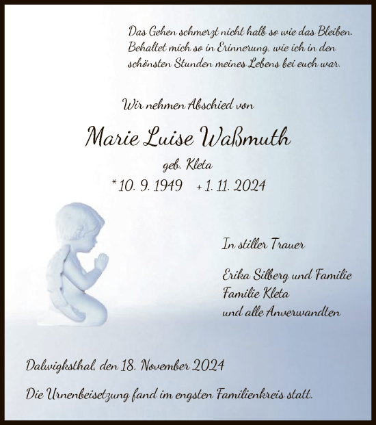 Traueranzeige von Marie Luise Waßmuth von WLZ