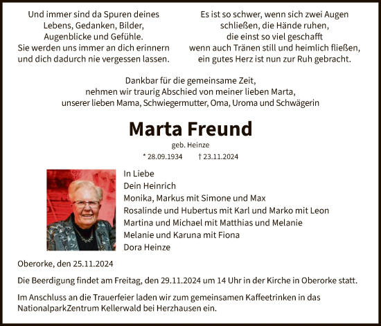 Traueranzeige von Marta Freund von WLZ