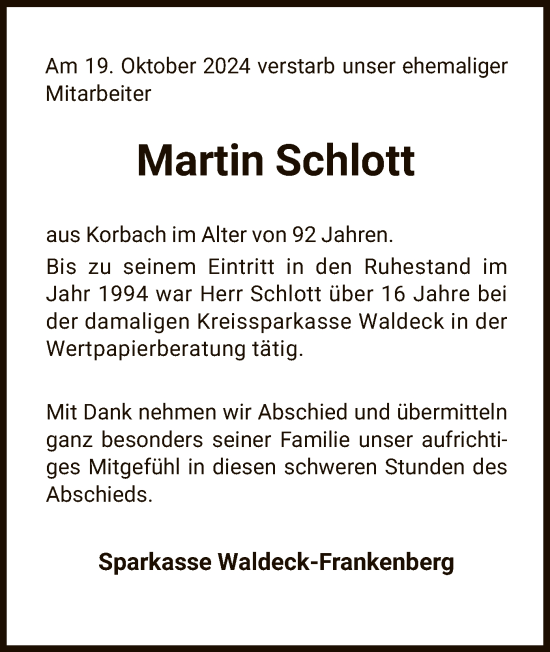 Traueranzeige von Martin Schlott von WLZ