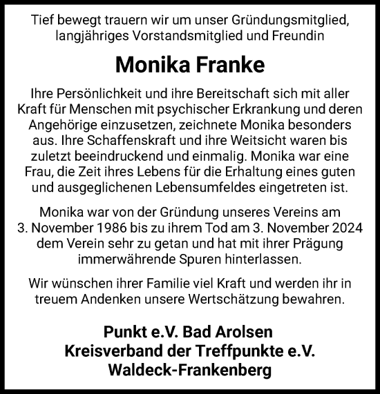 Traueranzeige von Monika Franke von WLZ