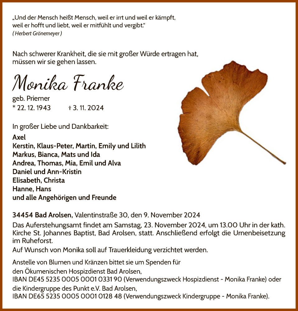  Traueranzeige für Monika Franke vom 09.11.2024 aus WLZ