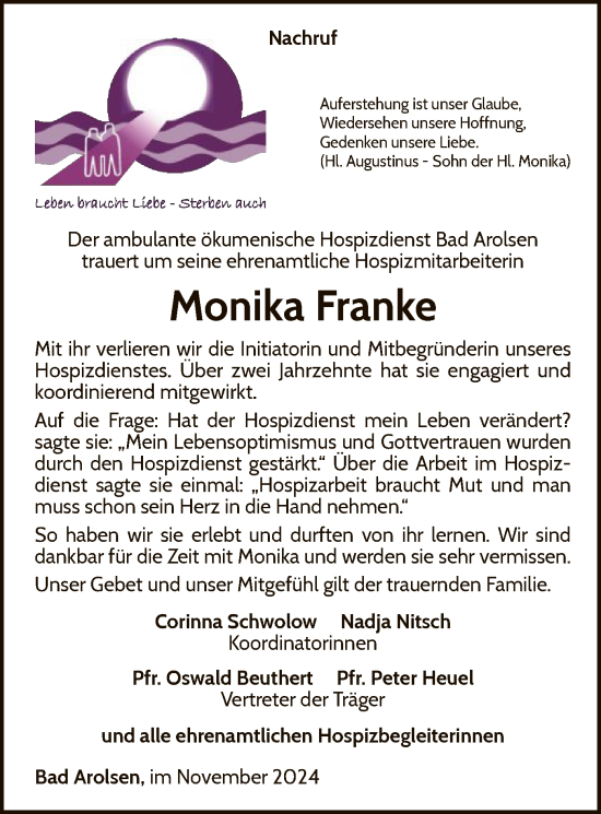 Traueranzeige von Monika Franke von WLZ