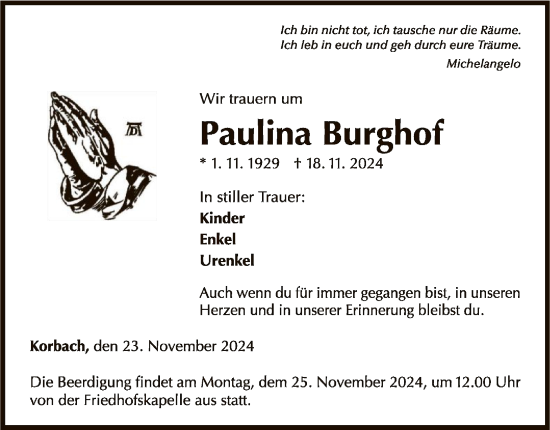 Traueranzeige von Paulina Burghof von WLZ