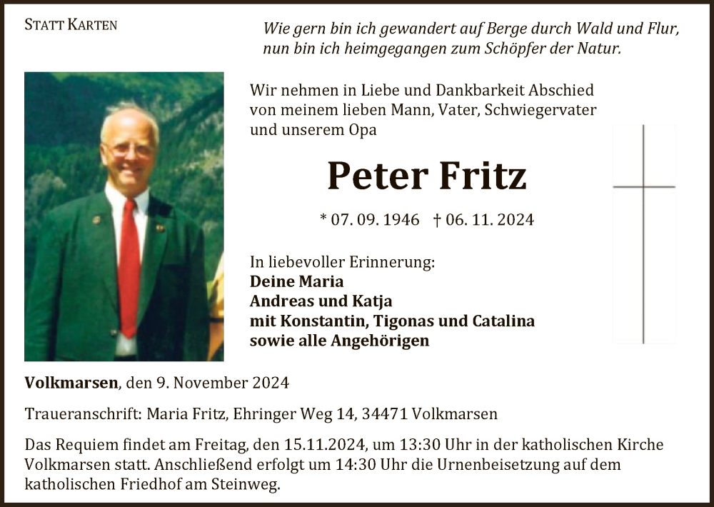  Traueranzeige für Peter Fritz vom 09.11.2024 aus WLZ