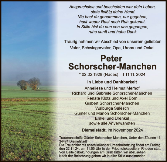 Traueranzeige von Peter  Schorscher-Manchen von WLZ