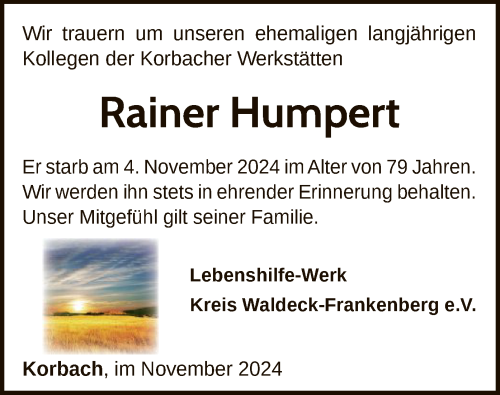  Traueranzeige für Rainer Humpert vom 13.11.2024 aus WLZ