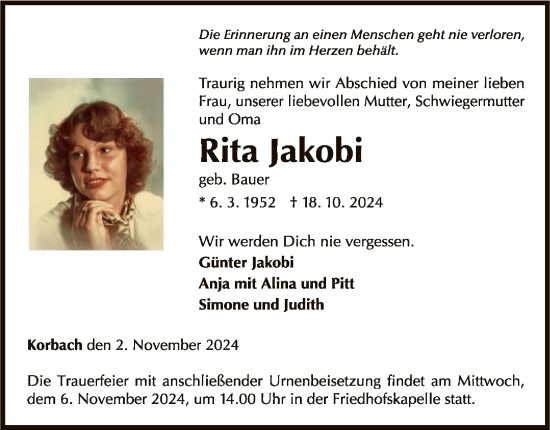 Traueranzeige von Rita Jakobi von WLZ