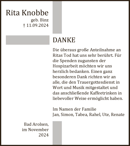 Traueranzeige von Rita Knobbe von WLZ