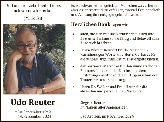 Traueranzeige von Udo Reuter von WLZ