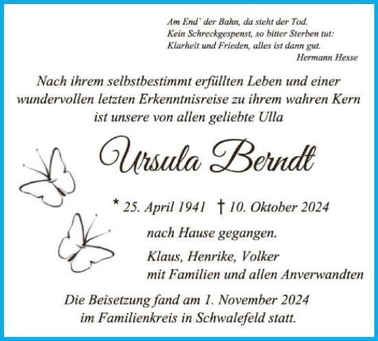 Traueranzeige von Ursula Berndt von WLZ