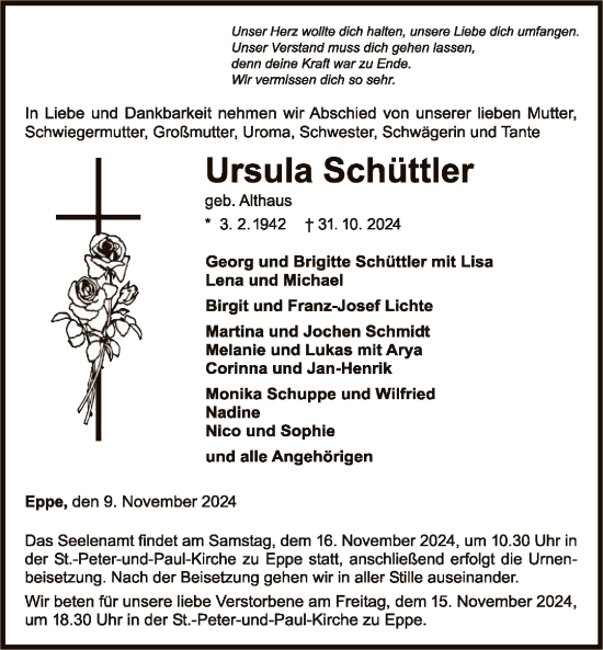 Traueranzeige von Ursula Schüttler von WLZ