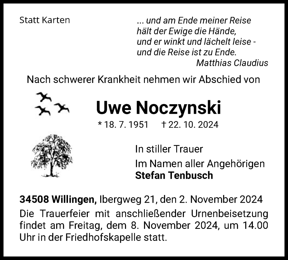  Traueranzeige für Uwe Noczynski vom 02.11.2024 aus WLZ