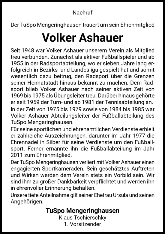 Traueranzeige von Volker Ashauer von WLZ