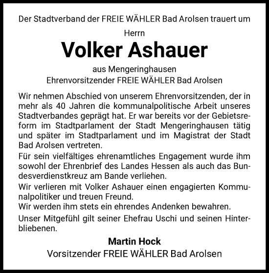 Traueranzeige von Volker Ashauer von WLZ