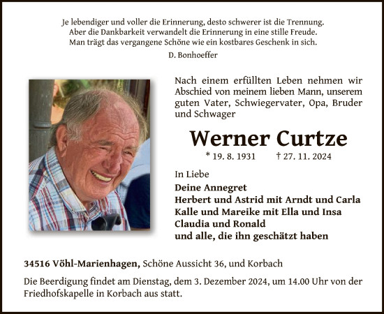 Traueranzeige von Werner Curtze von WLZHNA