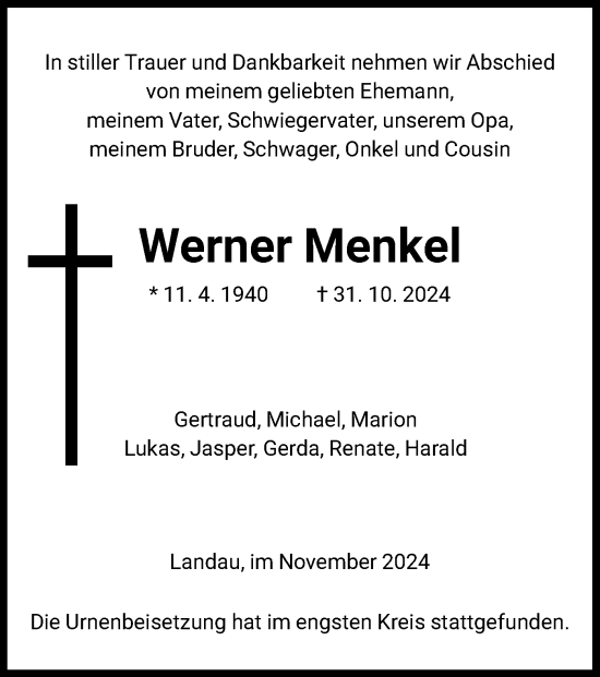 Traueranzeige von Werner Menkel von WLZ