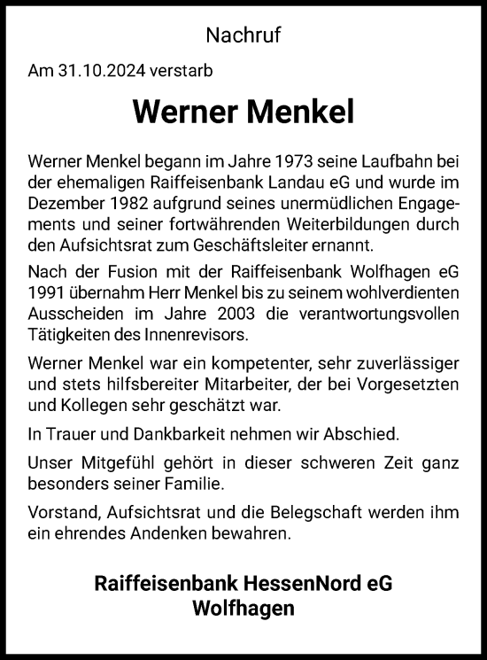 Traueranzeige von Werner Menkel von WLZ