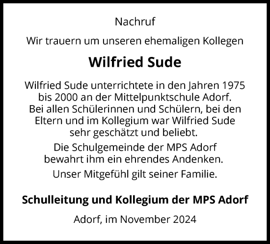 Traueranzeige von Wilfried Sude von WLZ