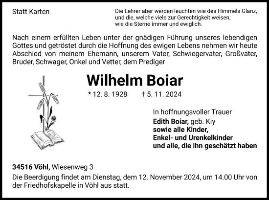 Traueranzeige von Wilhelm Boiar von WLZ