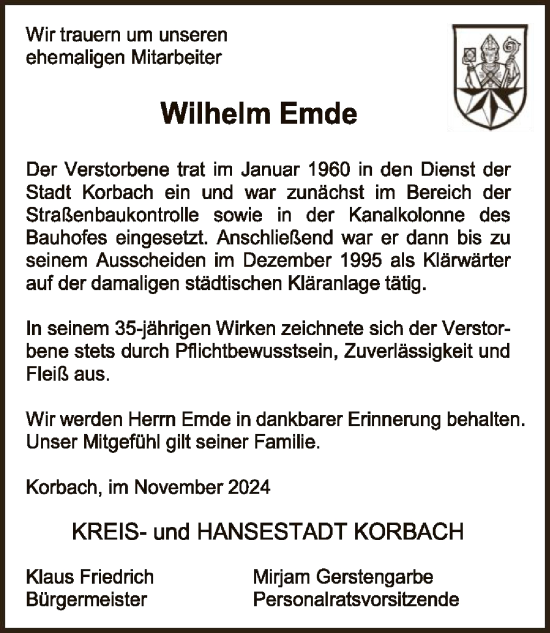 Traueranzeige von Wilhelm Emde von WLZ