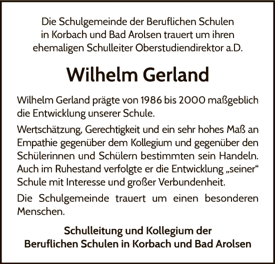 Traueranzeige von Wilhelm Gerland von WLZ