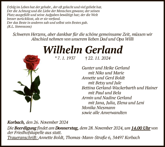 Traueranzeige von Wilhelm Gerland von WLZ