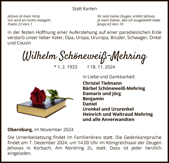 Traueranzeige von Wilhelm Schöneweiß-Mehring von WLZ