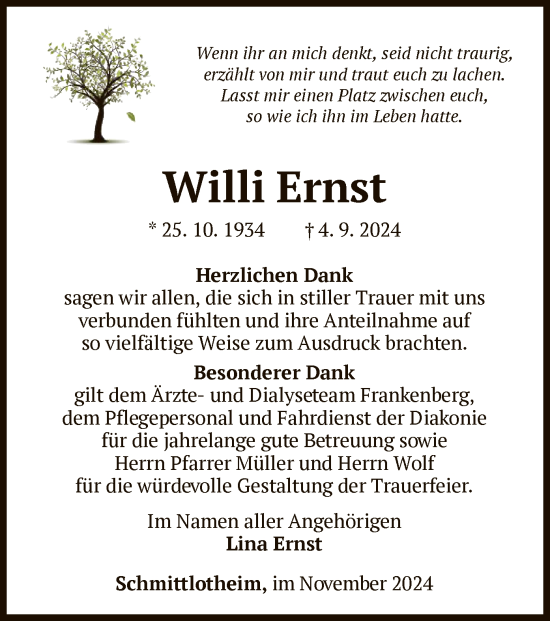 Traueranzeige von Willi Ernst von WLZHNA