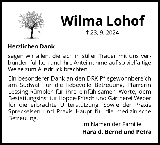 Traueranzeige von Wilma Lohof von WLZ