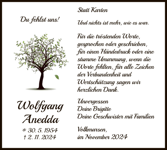 Traueranzeige von Wolfgang Anedda von WLZ