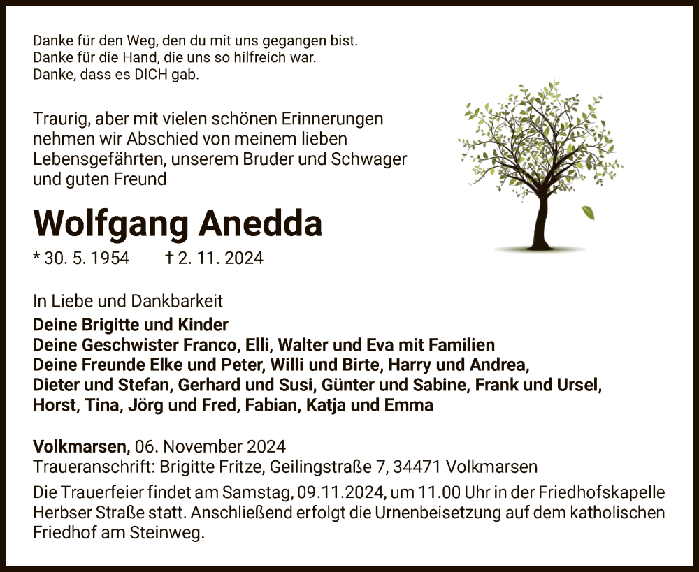  Traueranzeige für Wolfgang Anedda vom 06.11.2024 aus WLZ