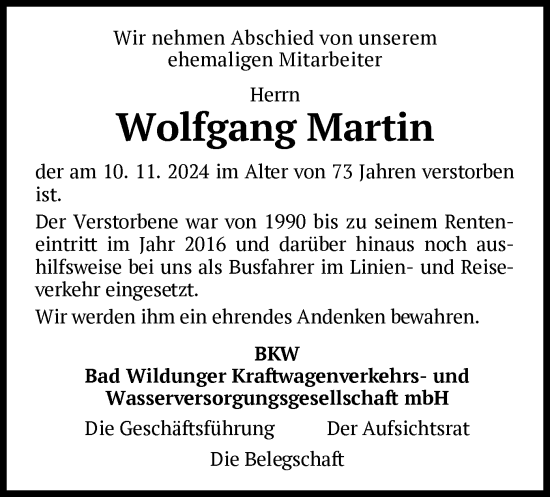 Traueranzeige von Wolfgang Martin von WLZ