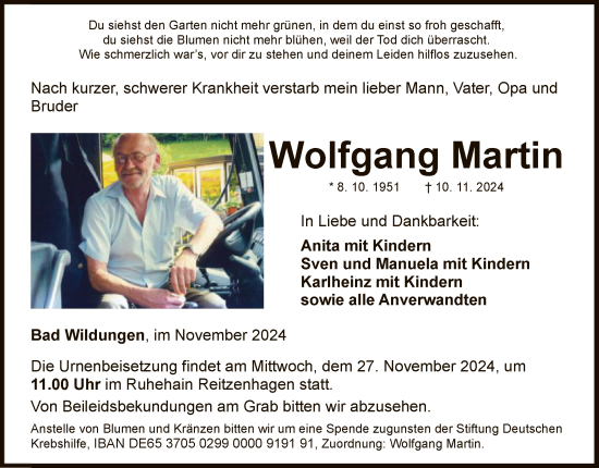 Traueranzeige von Wolfgang Martin von WLZ