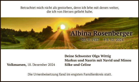 Traueranzeige von Albina Rosenberger von WLZ