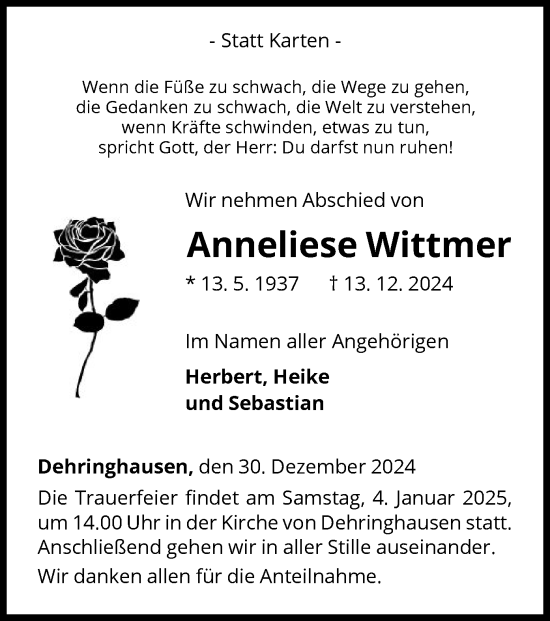 Traueranzeige von Anneliese Wittmer von WLZ