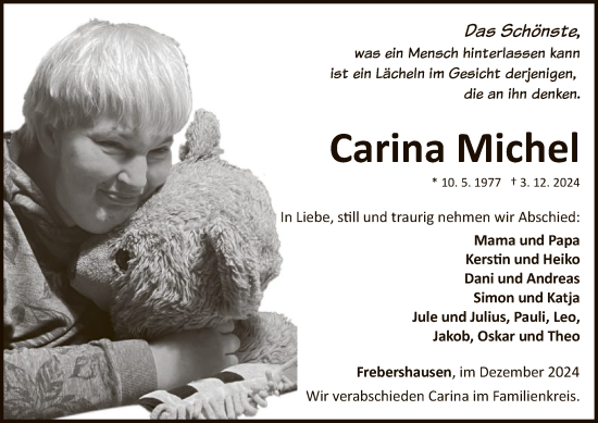 Traueranzeige von Carina Michel von WLZHNA