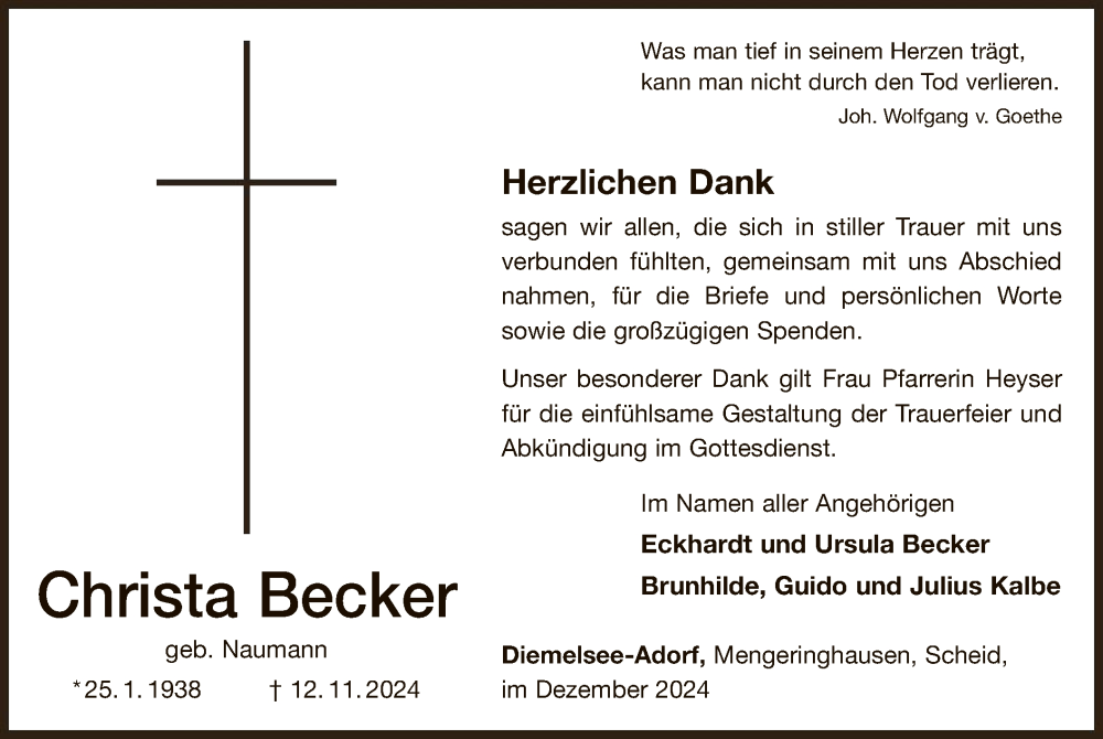  Traueranzeige für Christa Becker vom 21.12.2024 aus WLZ