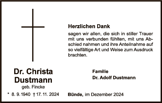 Traueranzeige von Christa Dustmann von WLZ