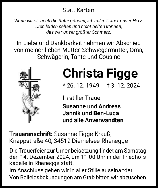 Traueranzeige von Christa Figge von WLZ