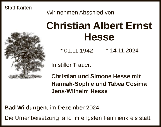 Traueranzeige von Christian Albert Ernst Hesse von WLZ