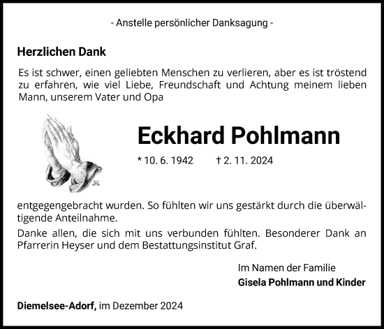 Traueranzeige von Eckhard Pohlmann von WLZ