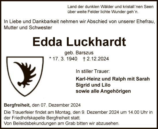 Traueranzeige von Edda Luckhardt von WLZ