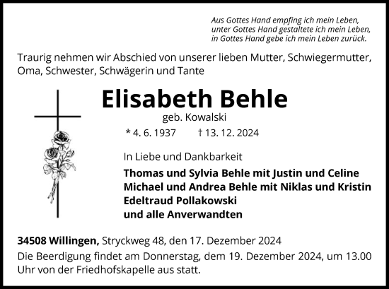 Traueranzeige von Elisabeth Behle von WLZ