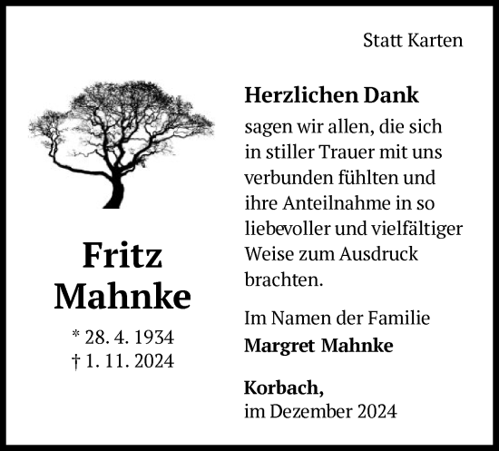 Traueranzeige von Fritz Mahnke von WLZ