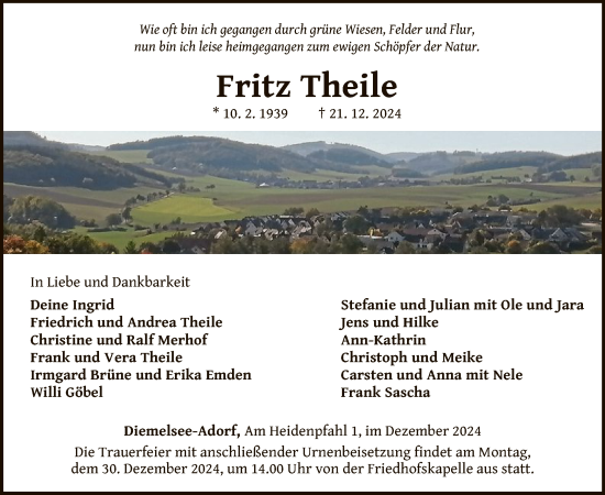 Traueranzeige von Fritz Theile von WLZ