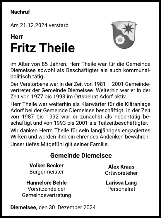 Traueranzeige von Fritz Theile von WLZ